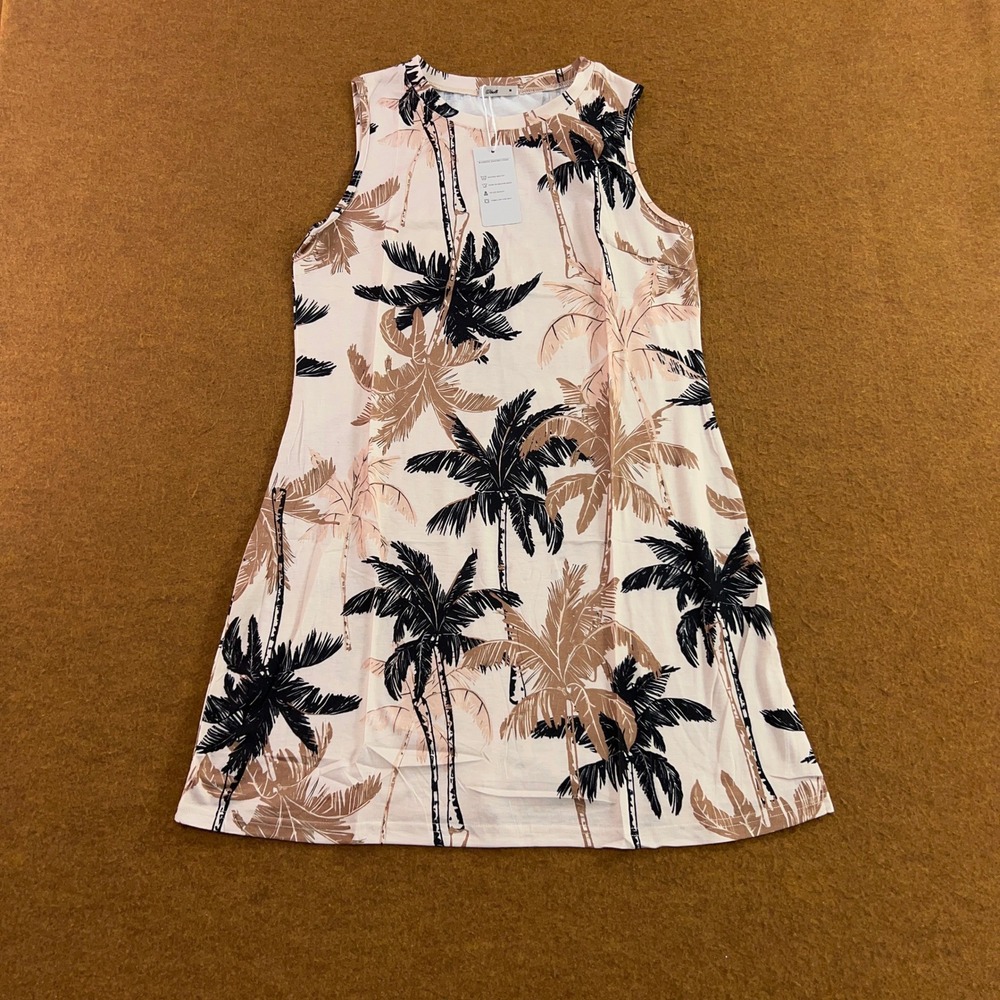 Wiholl Womens Medium Cream Tropical Palm Tree Print Sleeveless A-Line Mini Dress